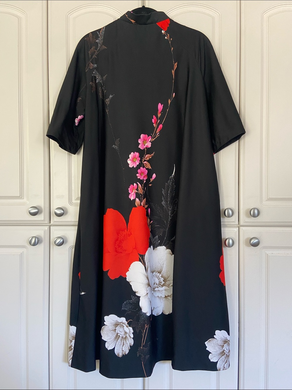Vintage Mademoiselle 1970’s Black Floral Dress with Red & White Blooms